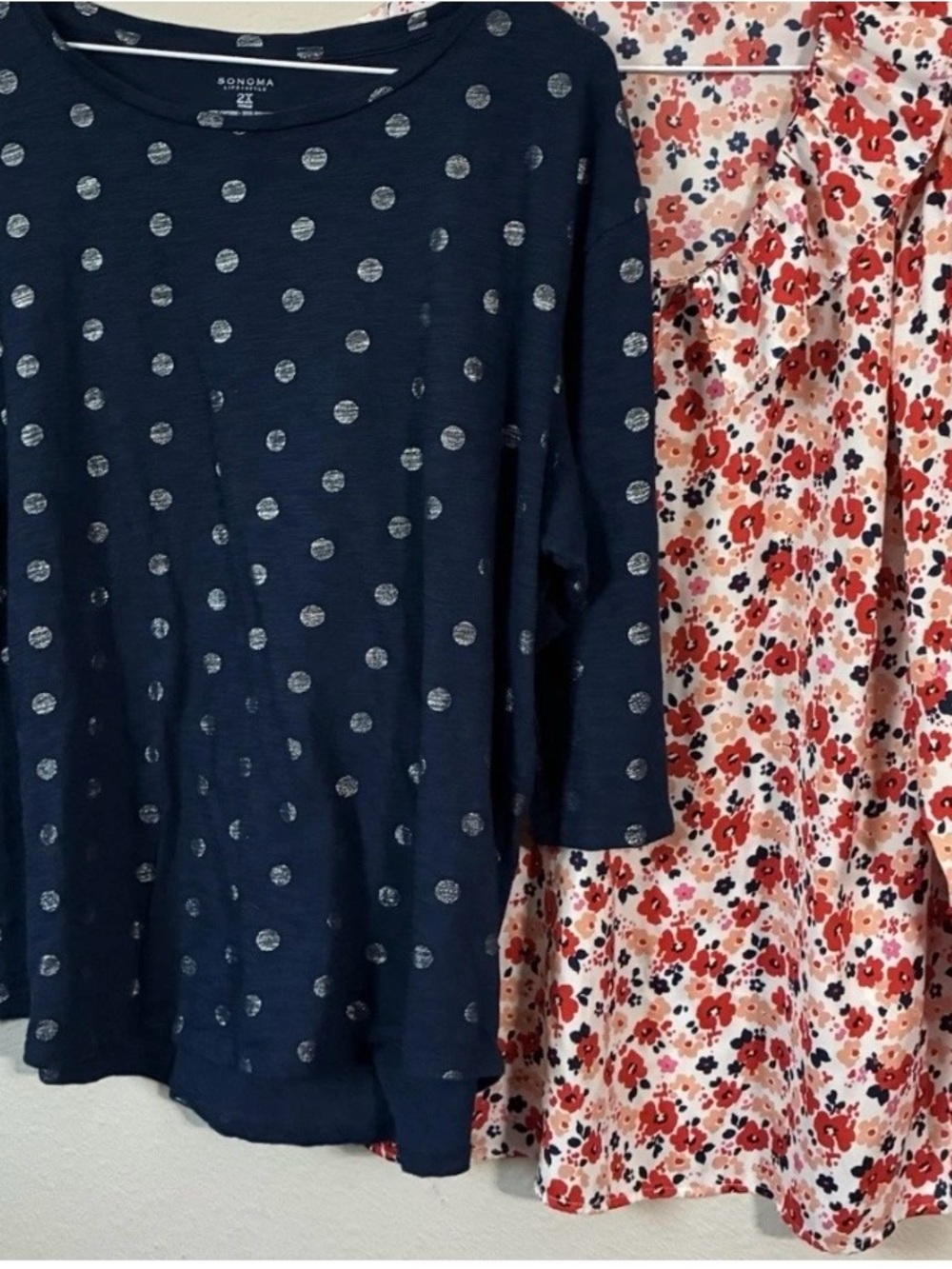 2 shirt lot Sonoma Navy Polka Dot Shirt & Croft & Barrow Orange flower blouse.